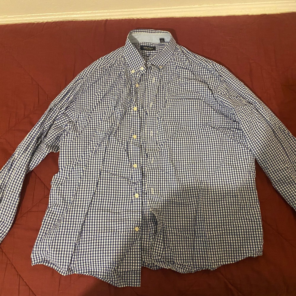 Nautica dress / casual shirt size 18 34/35 color blue and white squares